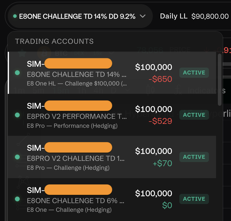 Trading Accounts switcher listing several SIM- accounts with balance and status