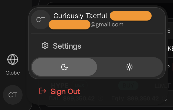 Account avatar menu open, showing the dark/light theme toggle