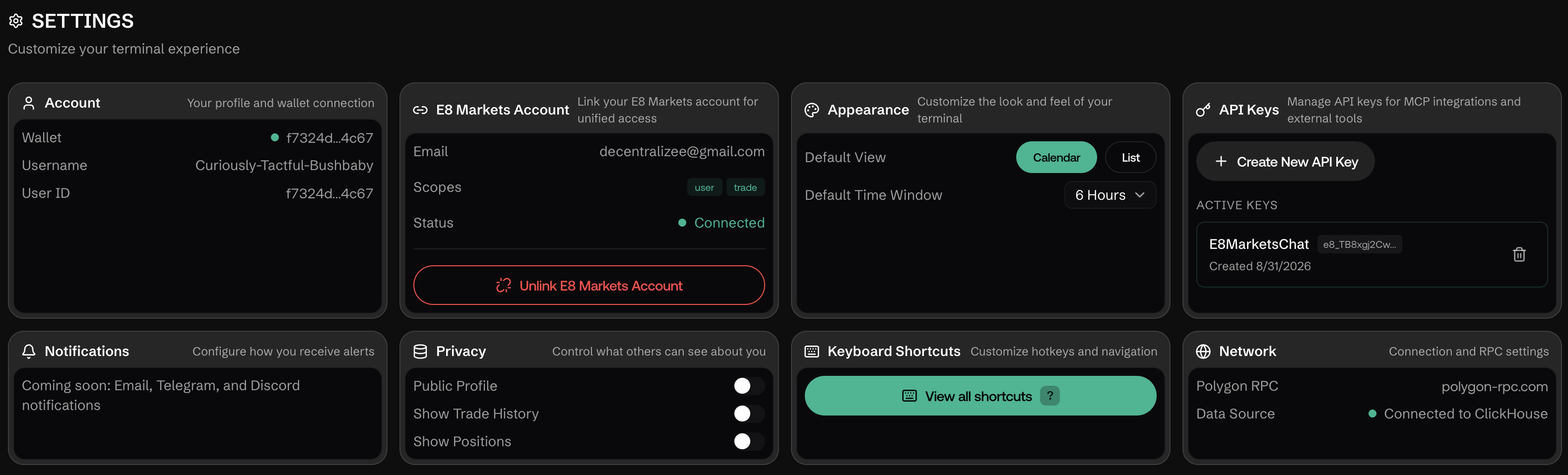Settings page showing Account, E8 Markets Account, API Keys, Appearance, Notifications, Privacy, Keyboard Shortcuts, and Network cards