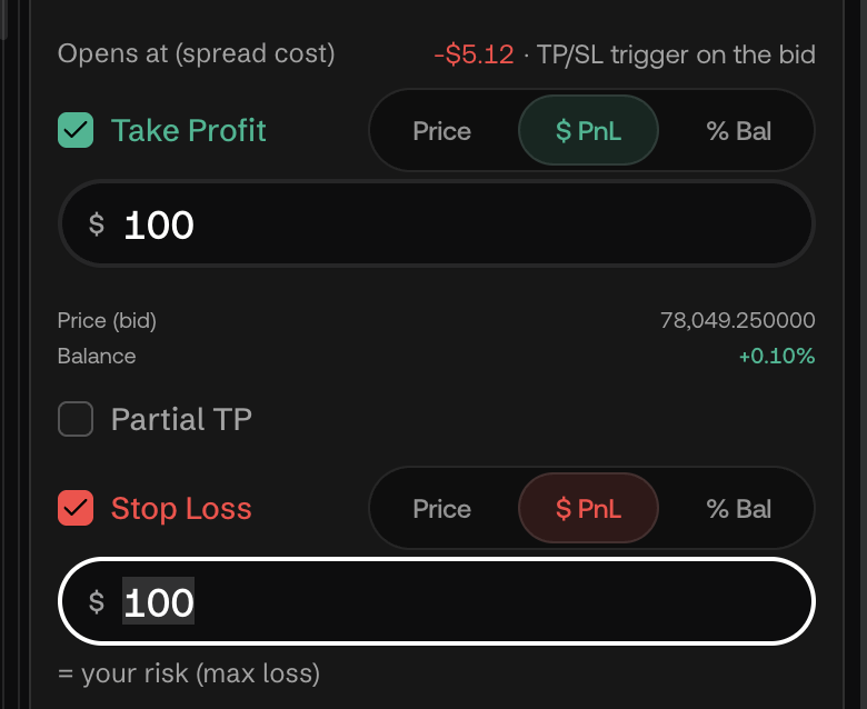 Order Panel: Take Profit/Stop Loss could be filled with Price, PnL and percentage of balance