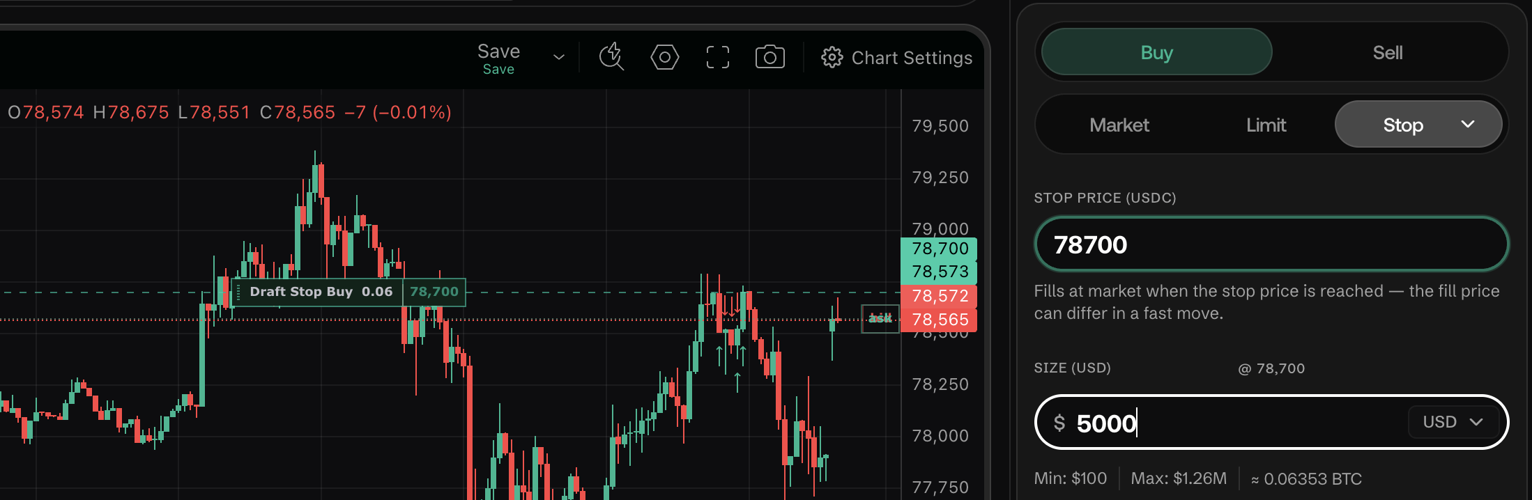 Sell Stop order with a valid stop price below the bid, and the draft stop line drawn on the chart