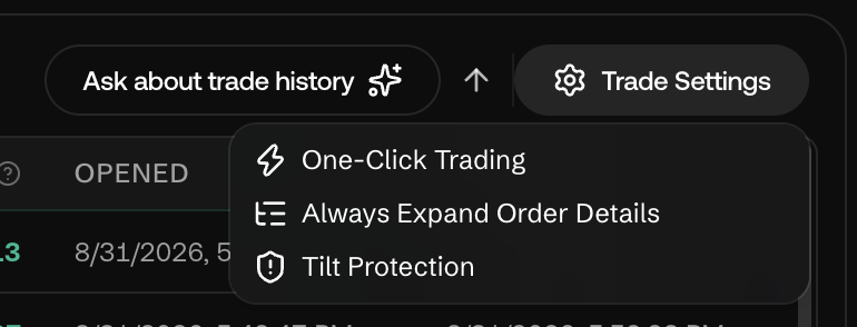 Trade Settings menu: One-Click Trading, Always Expand Order Details, Tilt Protection