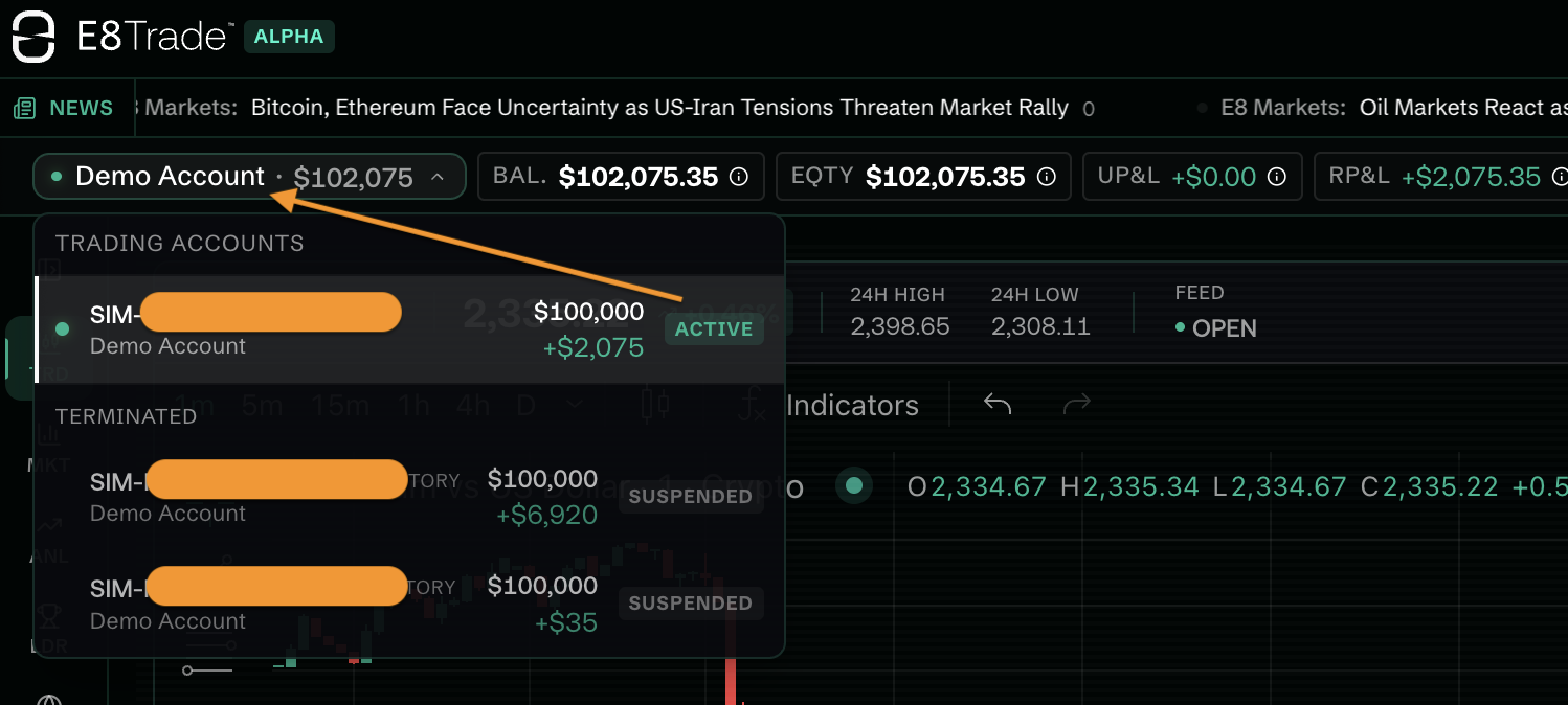 Left sidebar account area in the E8 Markets terminal