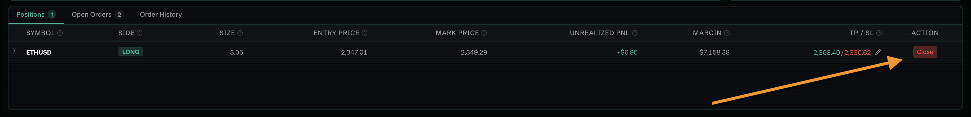Bottom trading panel with Open Orders