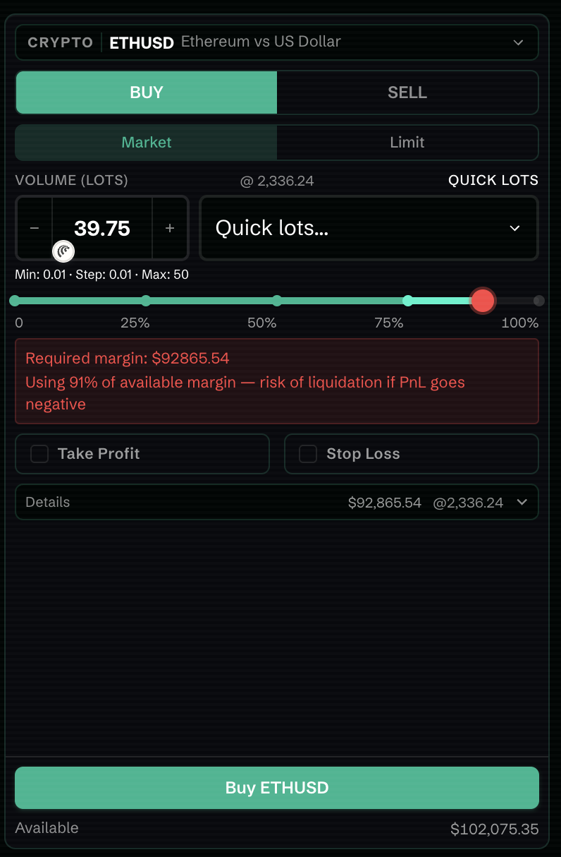 Risk and margin warnings appear directly in the Order Panel before a trade is submitted