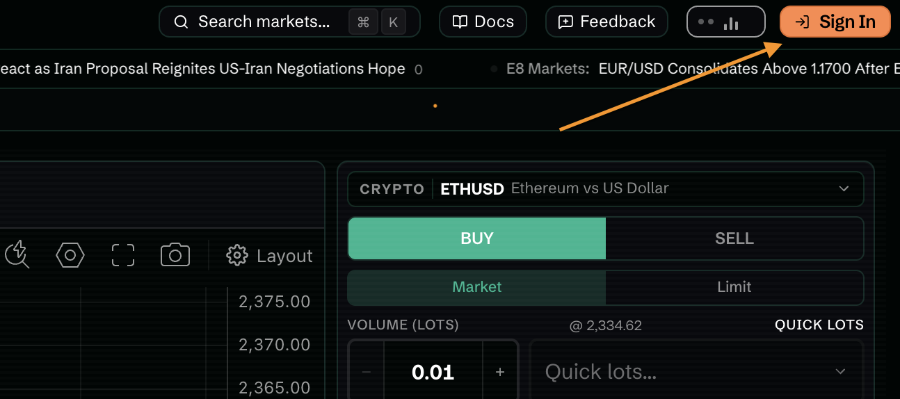 Right sidebar account area in the E8 Markets terminal